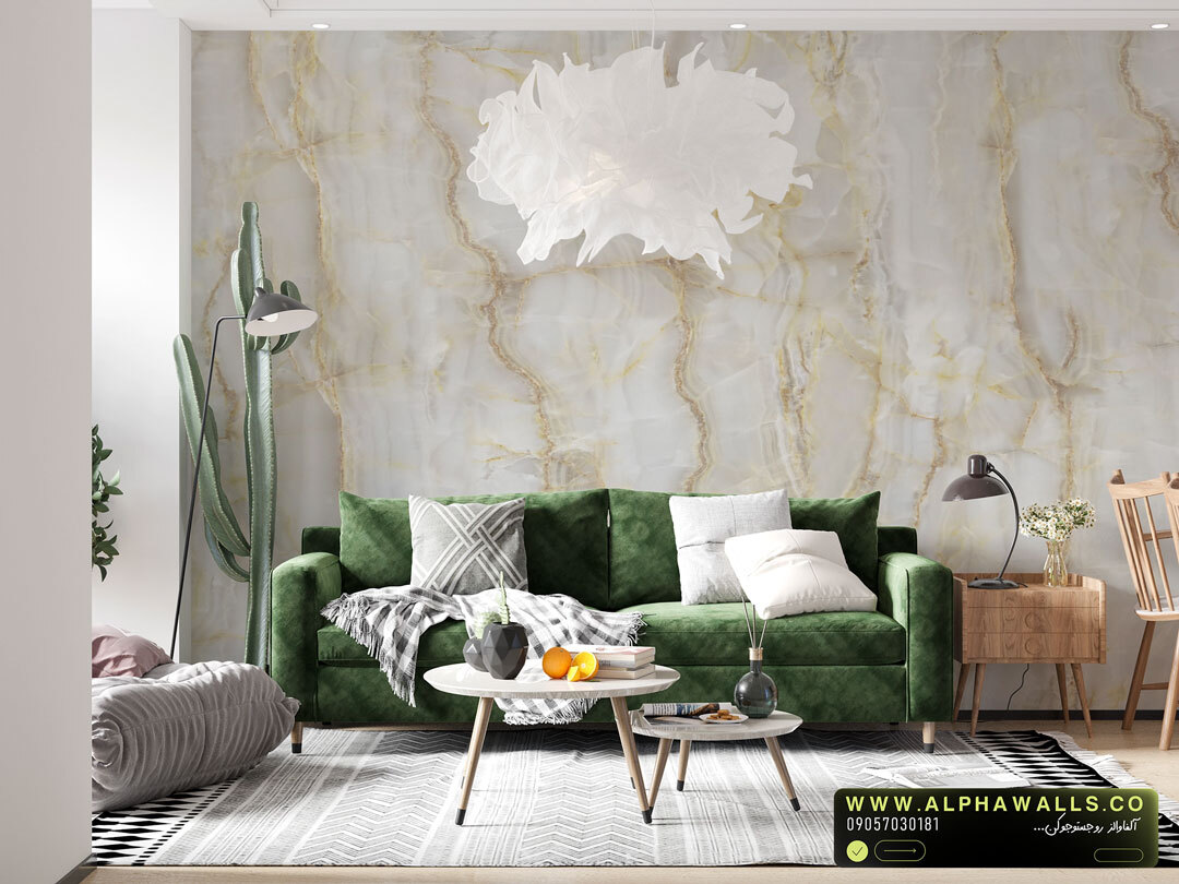  پوستر دیواری طرح سنگ اونیکس سفید روشن با رگه‌های طلایی ظریف 