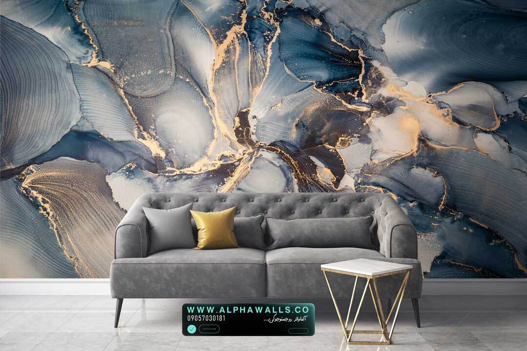  پوستر دیواری طرح سنگ آبی هنری با رگه‌های طلایی 
