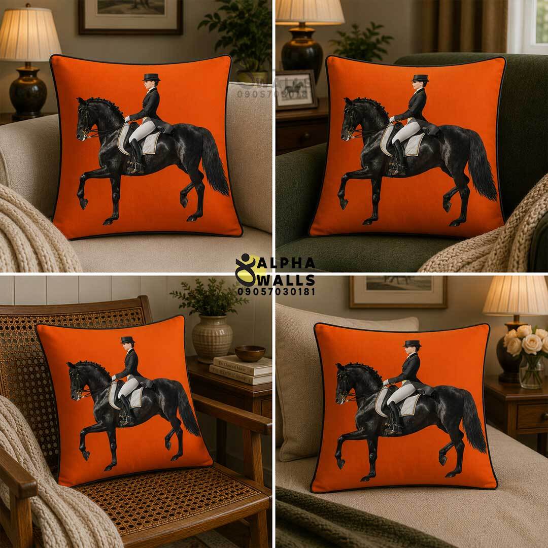 کاور کوسن مخمل طرح اسب و سوارکار مشکی Black Equestrian | روکش کوسن نارنجی لوکس