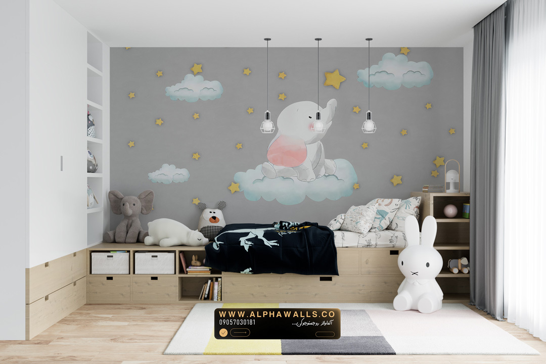  پوستر دیواری کودک طرح فیل روی ابرها با ستاره‌های طلایی 