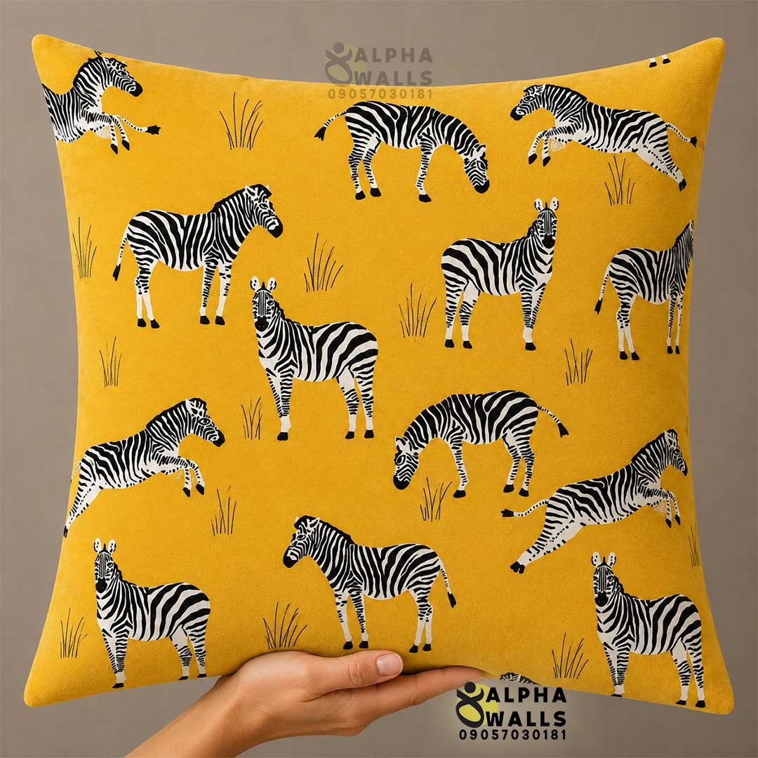  کاور کوسن مخمل زرد طرح گورخر Zebra Safari Yellow | روکش کوسن مبل طرح حیوانات آفریقایی 