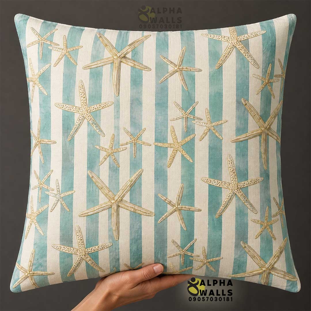  روکش کوسن مخمل طرح ستاره دریایی آبی فیروزه‌ای مدل Coastal Starfish 