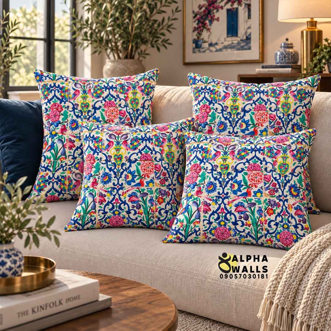 روکش کوسن مخمل طرح کاشی گل و مرغ | Persian Floral Tile
