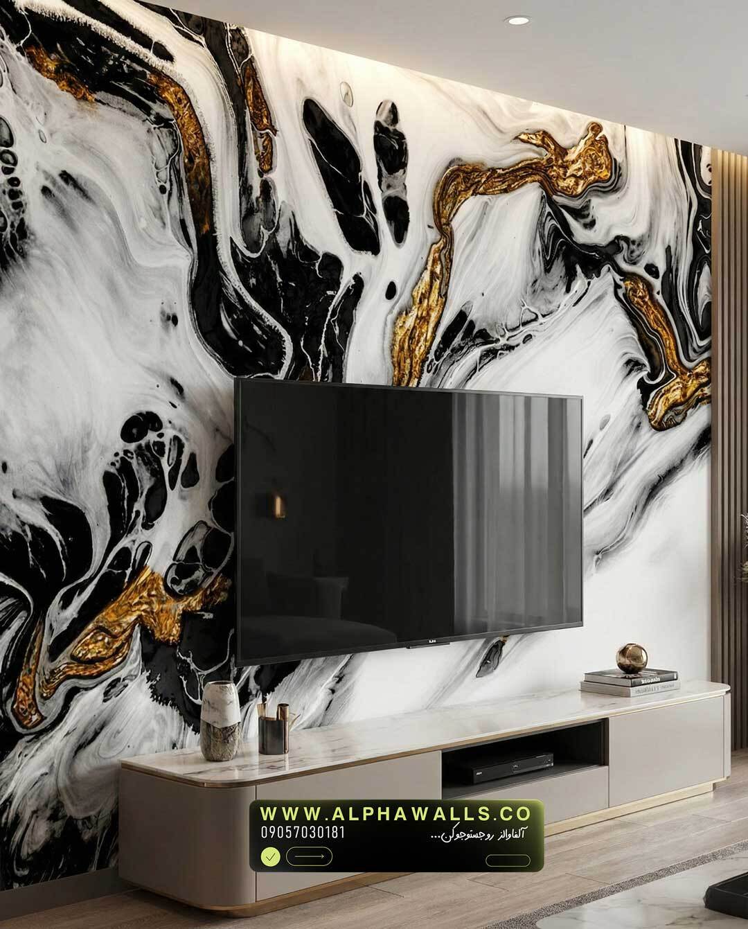  پوستر دیواری طرح سنگ اونیکس مشکی-سفید با رگه‌های طلایی عمیق 
