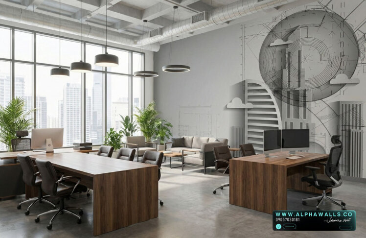 پوستر دیواری دفاتر مهندسی با طرح نقشه و فرم‌های معماری مدرن