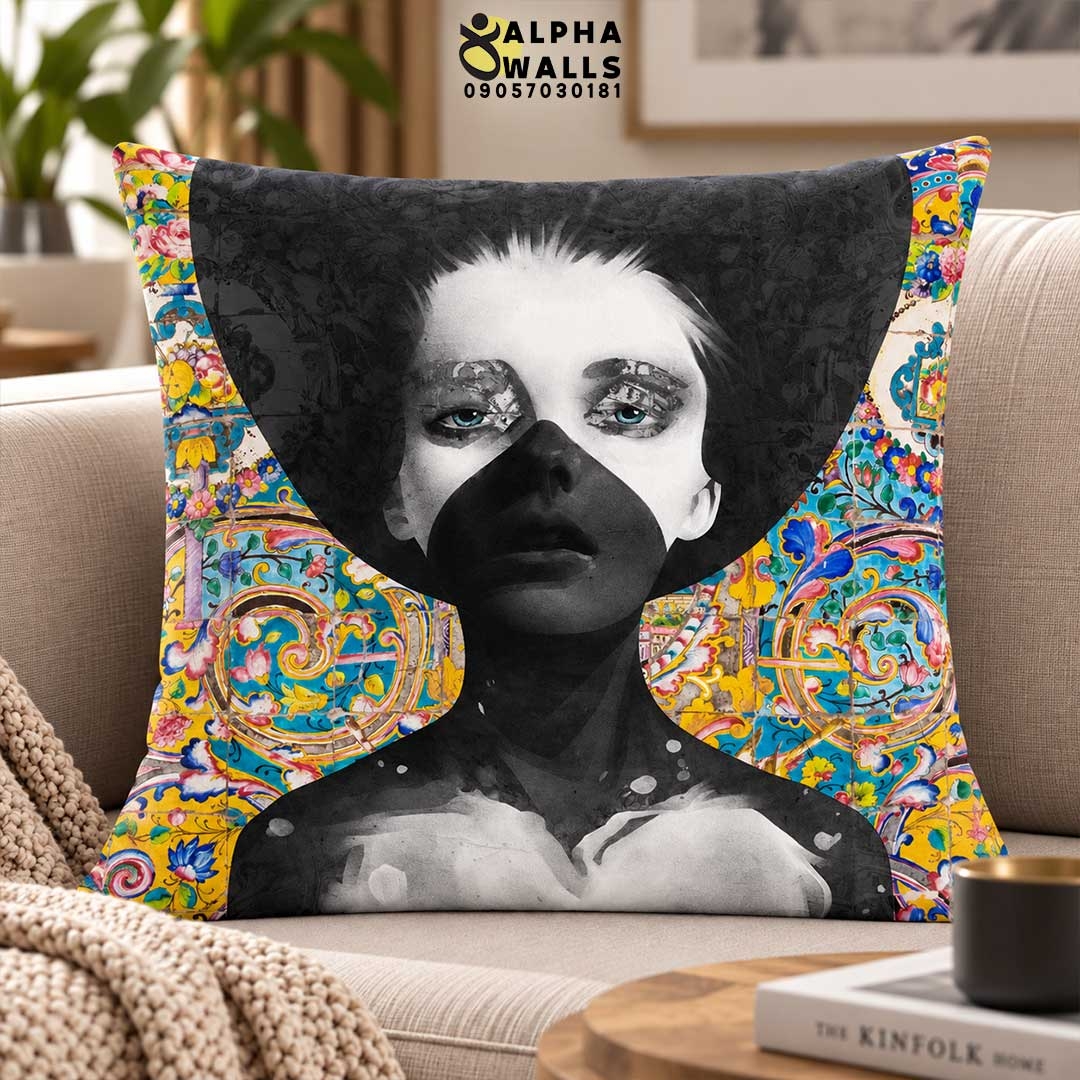  روکش کوسن مخمل طرح چهره مدرن و کاشی ایرانی | Persian Tile Portrait 