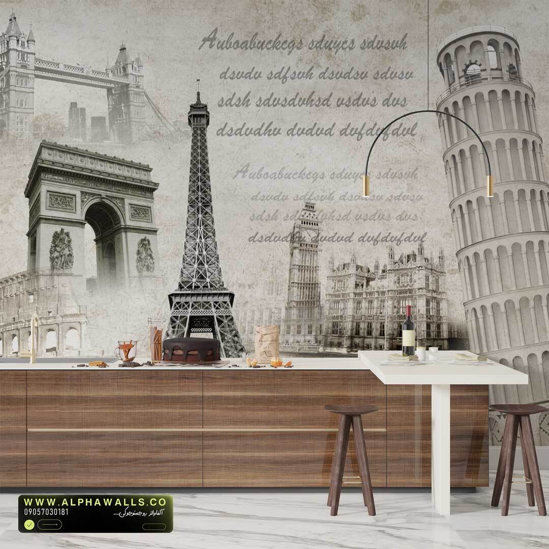  پوستر دیواری پاریس وینتیج طوسی | برج ایفل با تایپوگرافی کلاسیک اروپایی 