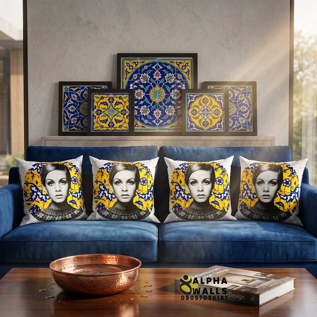  روکش کوسن مخمل طرح پرتره کلاسیک زن و کاشی‌کاری زرد مدل | Twiggy Yellow Tile 