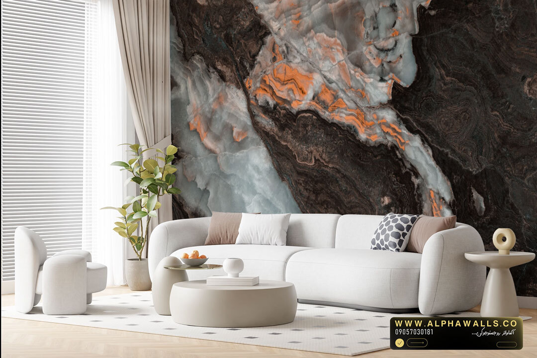  پوستر دیواری طرح سنگ اونیکس تیره با رگه‌های مسی گرم 