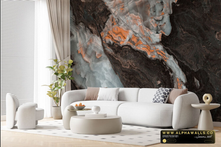 پوستر دیواری طرح سنگ اونیکس تیره با رگه‌های مسی گرم