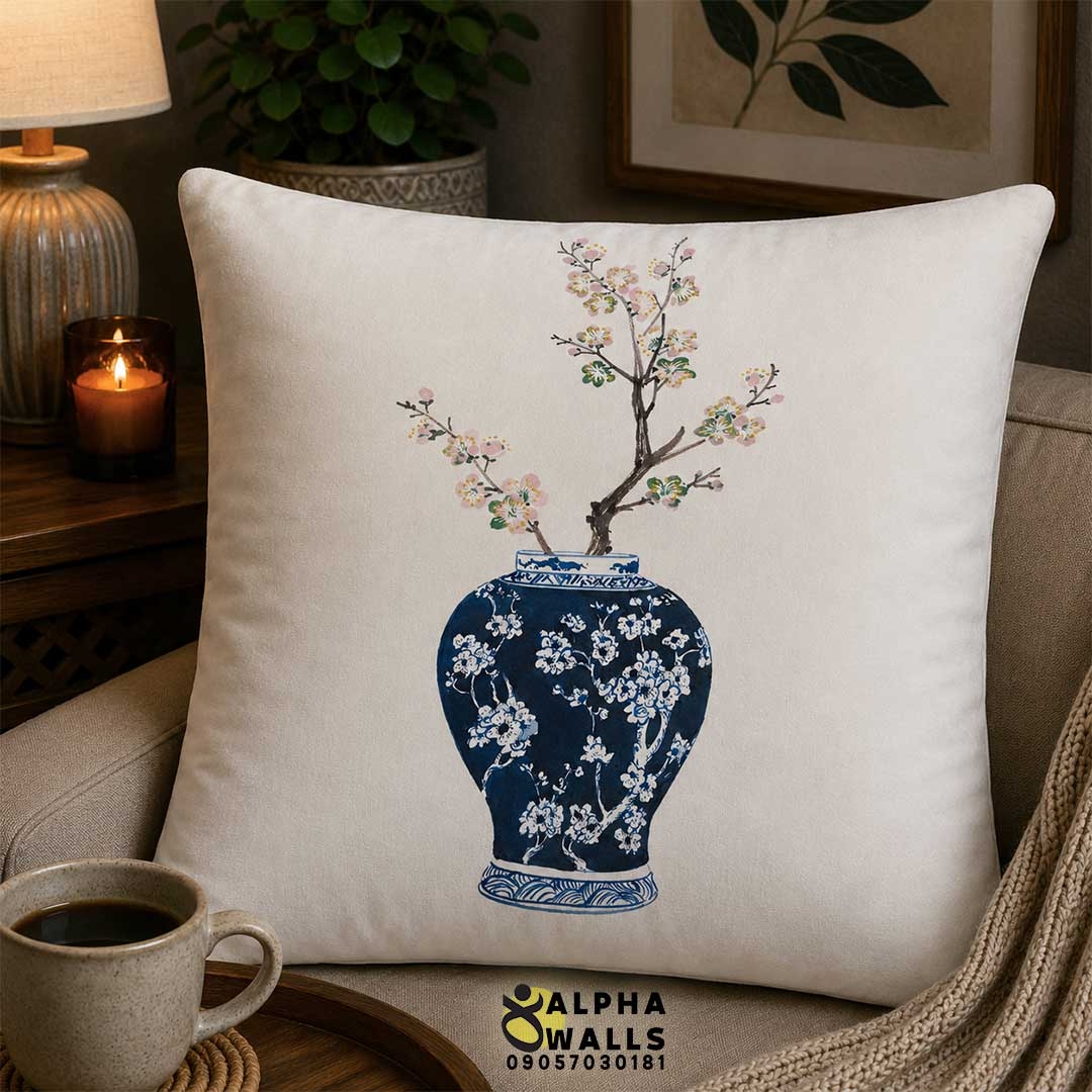  روکش کوسن مخمل طرح گلدان چینی آبی و شکوفه مدل Blue Blossom 