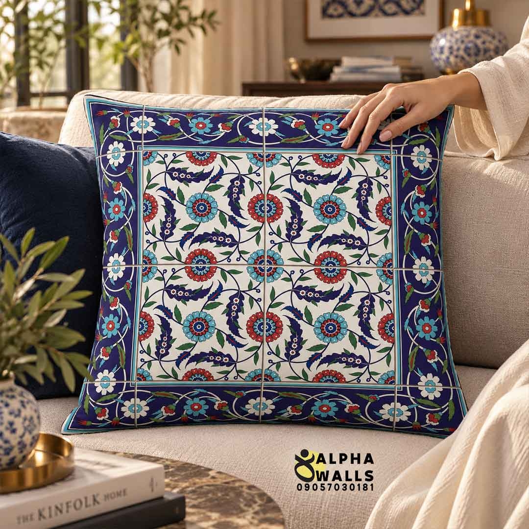 روکش کوسن مخمل طرح کاشی گلدار ایرانی | Persian Floral Tile