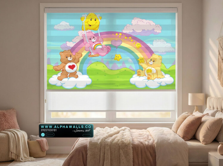 پرده زبرا اتاق کودک طرح خرس‌های رنگین‌کمانی با فضای شاد و دوست‌داشتنی