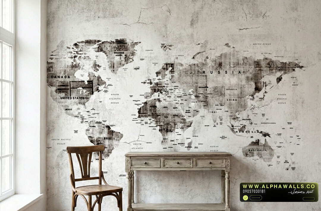  پوستر دیواری نقشه جهان کهنه‌نما طوسی – Vintage Distressed World Map 