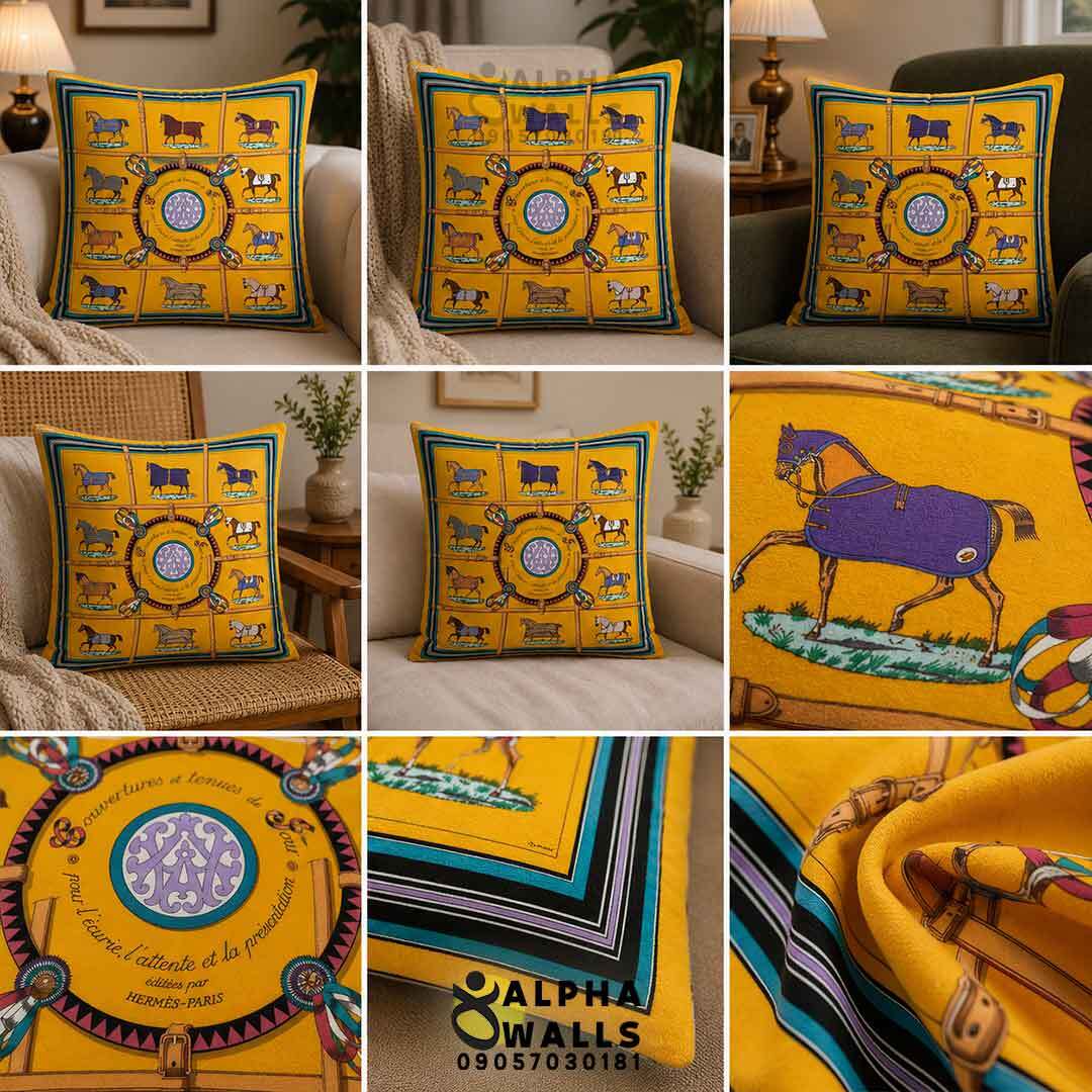  روکش کوسن مخمل زرد طرح اسب‌های هرمس مدل Hermes Equestrian Gold 