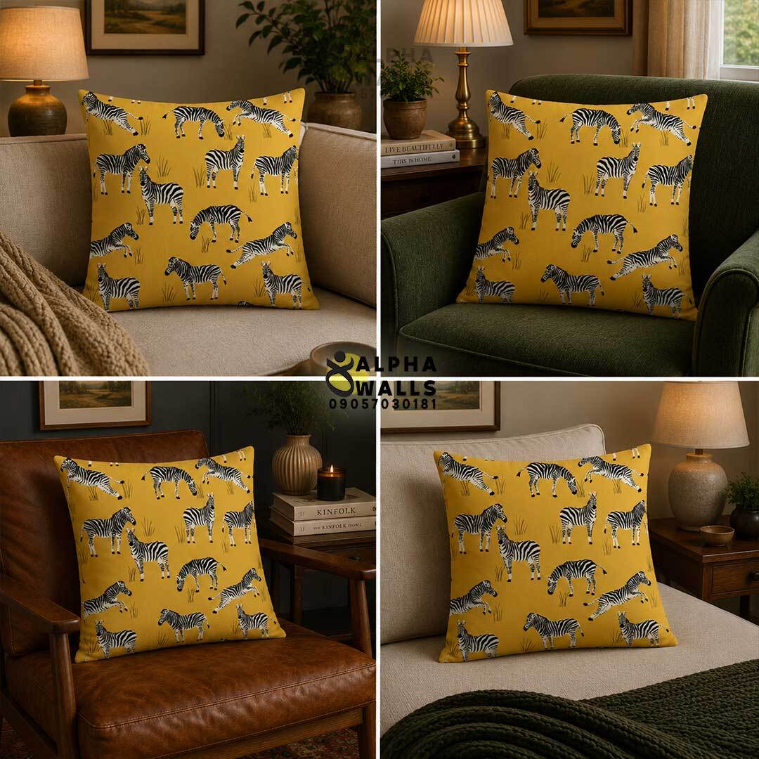 کاور کوسن مخمل زرد طرح گورخر Zebra Safari Yellow | روکش کوسن مبل طرح حیوانات آفریقایی 