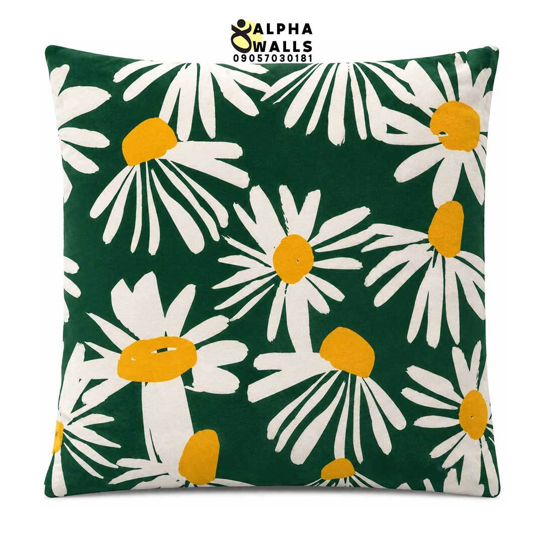  روکش کوسن مخمل طرح گل بابونه سفید و سبز مدل Daisy Garden 