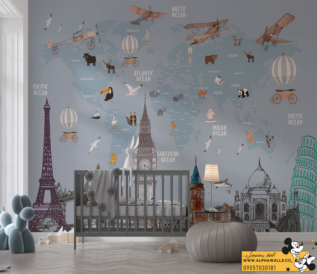 پوستر دیواری کودک طرح نقشه جهان کارتونی زمینه آبی