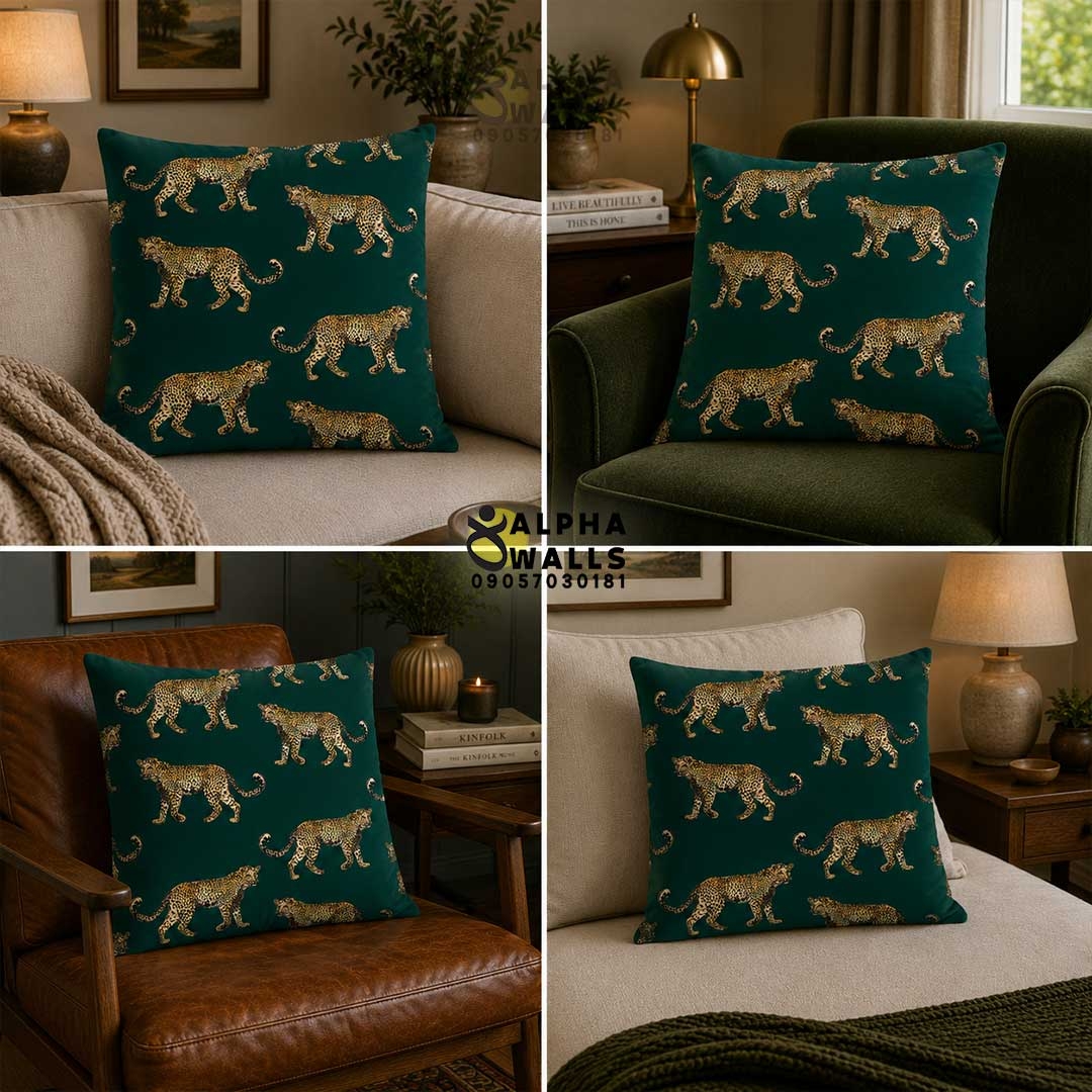  کاور کوسن مخمل سبز طرح پلنگ Green Leopard | روکش کوسن مبل پلنگی مدرن 