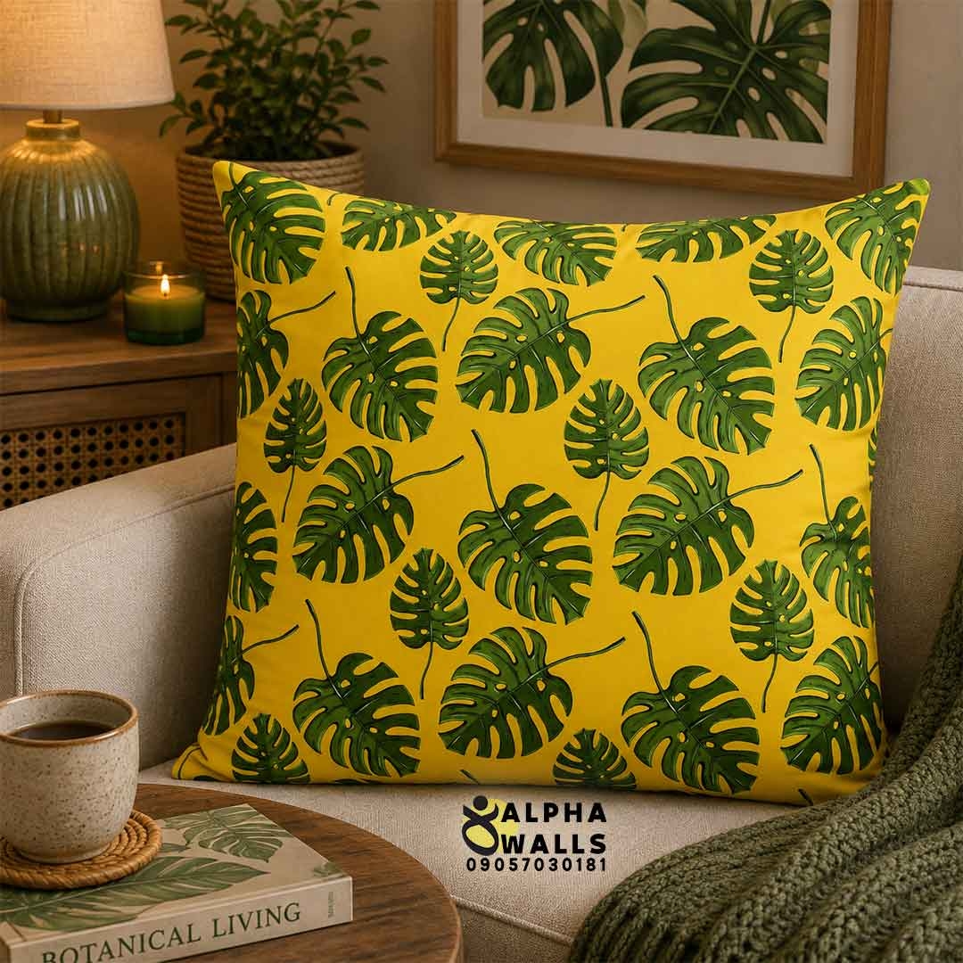  روکش کوسن مخمل طرح برگ انجیری سبز و زرد مدل Tropical Monstera 