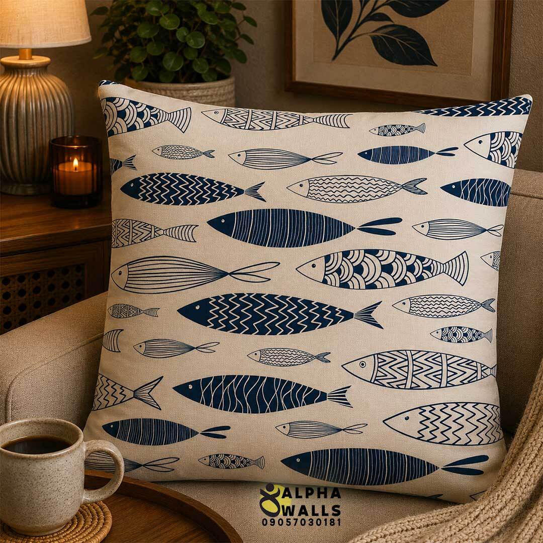 روکش کوسن مخمل طرح ماهی آبی و سفید مدل Nordic Fish