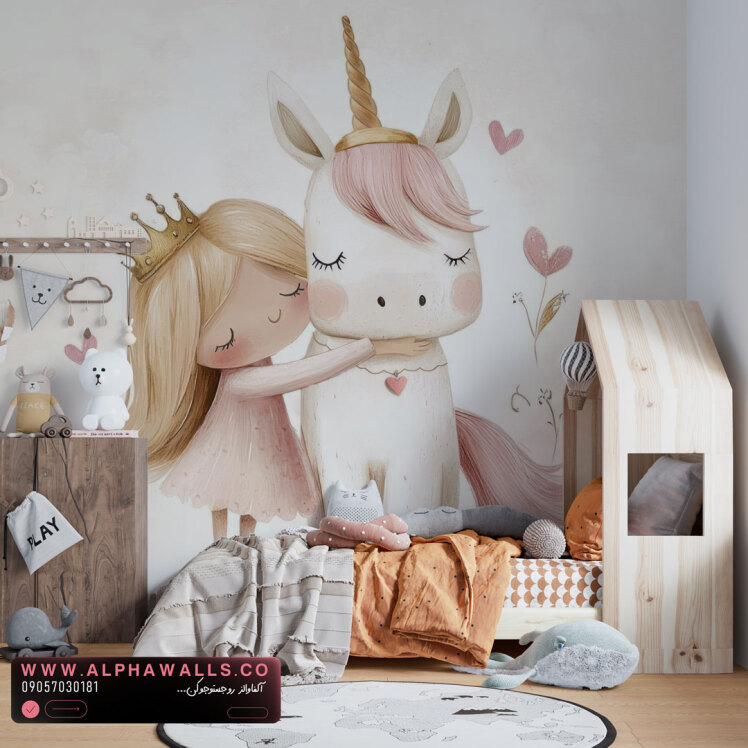 پوستر دیواری کودک طرح دختر کوچولو و یونیکورن مهربان