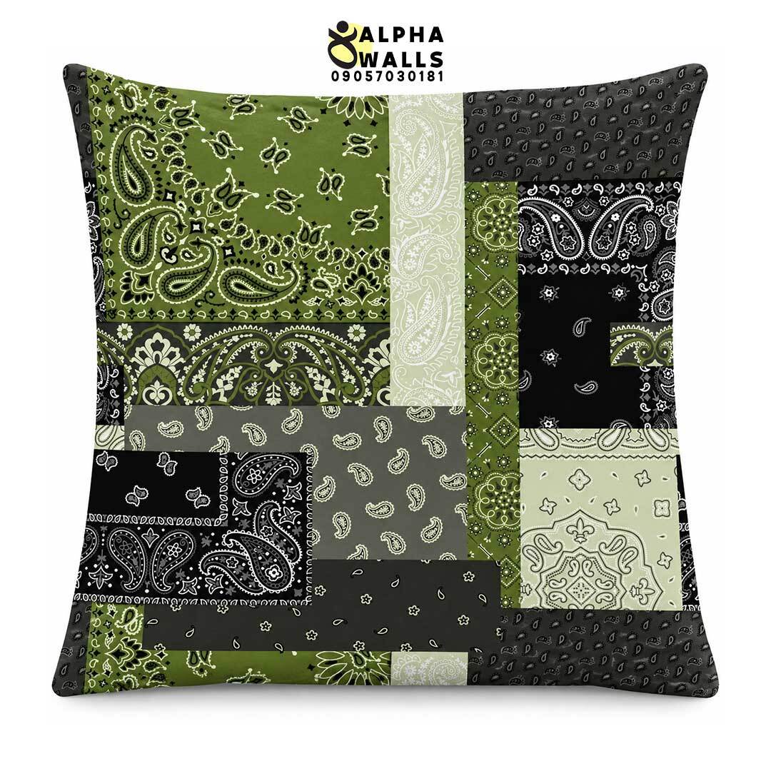  روکش کوسن مخمل طرح باندانا پچ‌ورک سبز و مشکی | Bandana Patchwork 