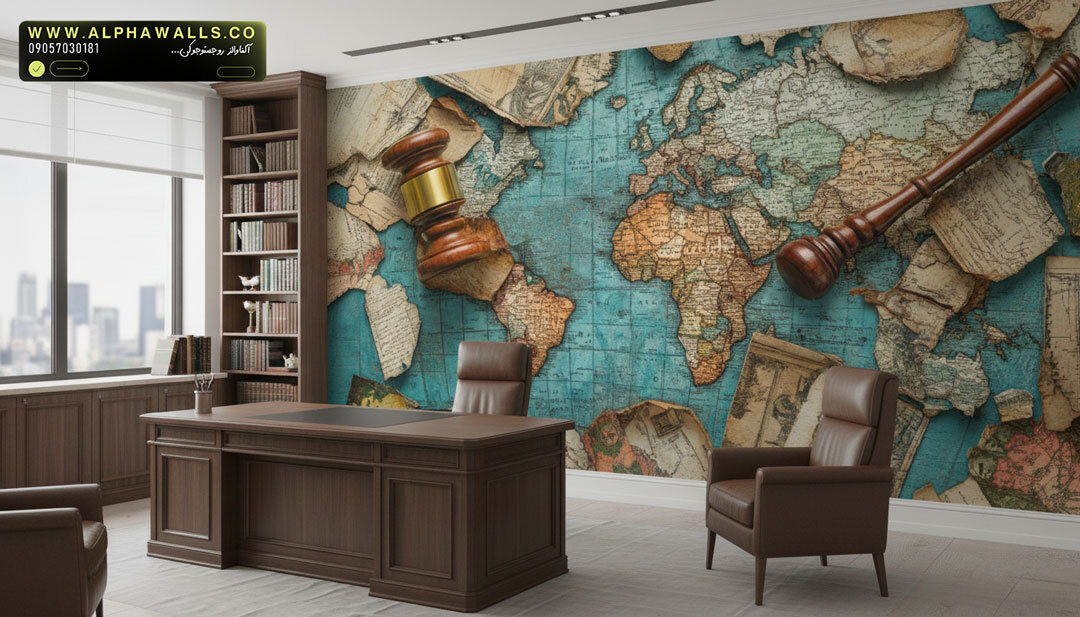 پوستر دیواری طرح نقشه جهان و چکش قضاوت
