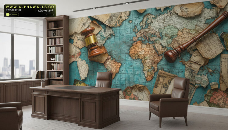 پوستر دیواری طرح نقشه جهان و چکش قضاوت