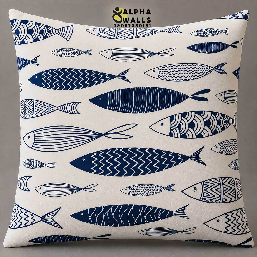 روکش کوسن مخمل طرح ماهی آبی و سفید مدل Nordic Fish