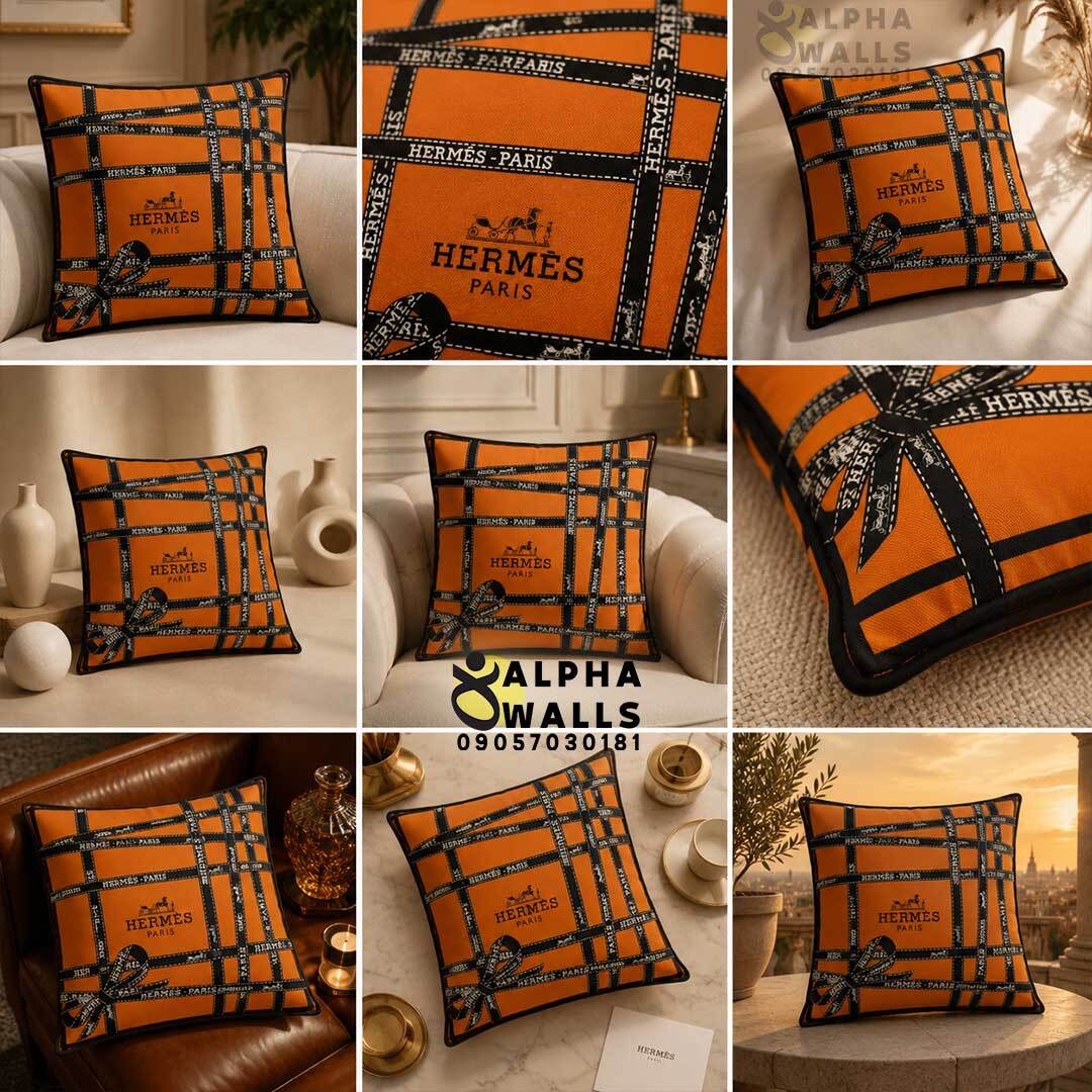  روکش کوسن مخمل طرح روبان هرمس نارنجی مدل Orange Ribbon 