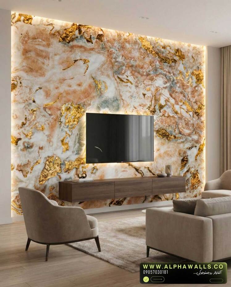 پوستر دیواری طرح سنگ اونیکس روشن با رگه‌های طلایی گرم – مناسب دیوار TV لوکس