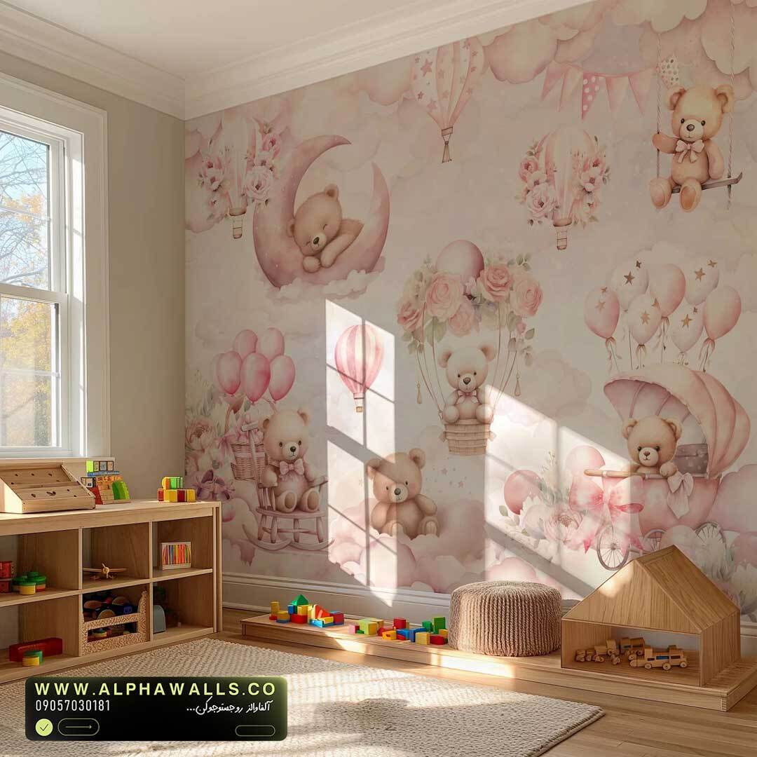 پوستر دیواری کودک طرح خرسهای صورتی در آسمان رویایی