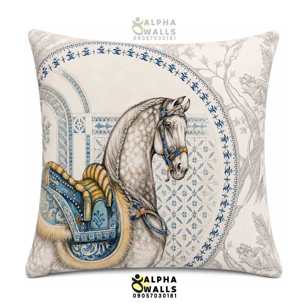  کاور کوسن مخمل طرح اسب سفید و زین آبی Royal Arabian Horse | روکش کوسن کرم کلاسیک 
