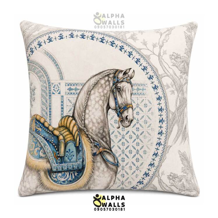کاور کوسن مخمل طرح اسب سفید و زین آبی Royal Arabian Horse | روکش کوسن کرم کلاسیک