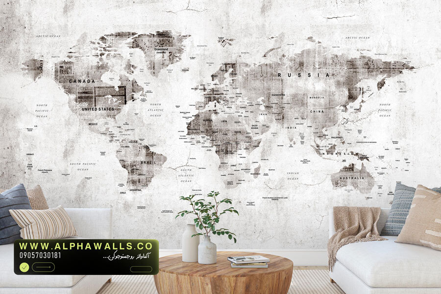  پوستر دیواری نقشه جهان کهنه‌نما طوسی – Vintage Distressed World Map 