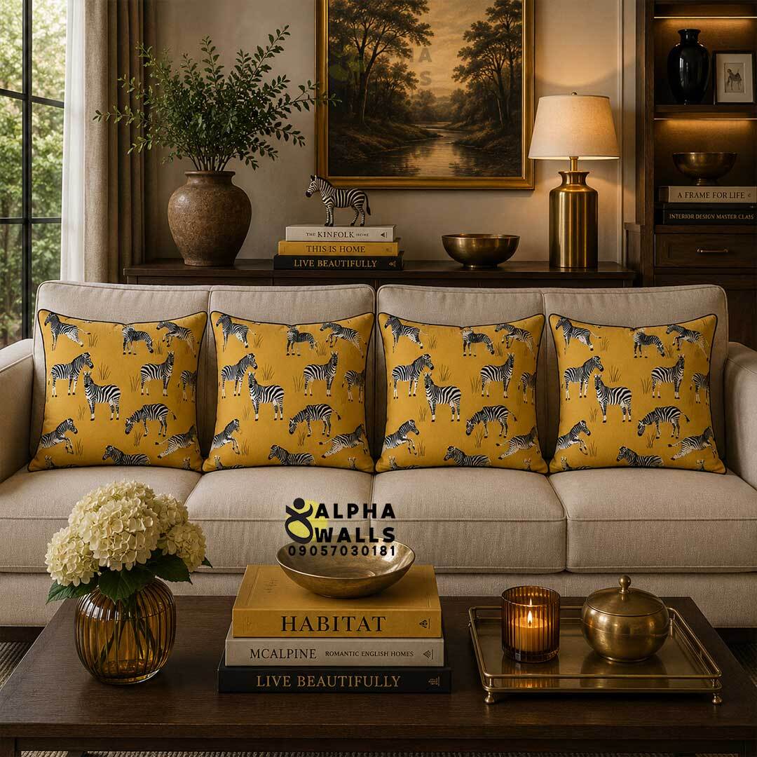  کاور کوسن مخمل زرد طرح گورخر Zebra Safari Yellow | روکش کوسن مبل طرح حیوانات آفریقایی 