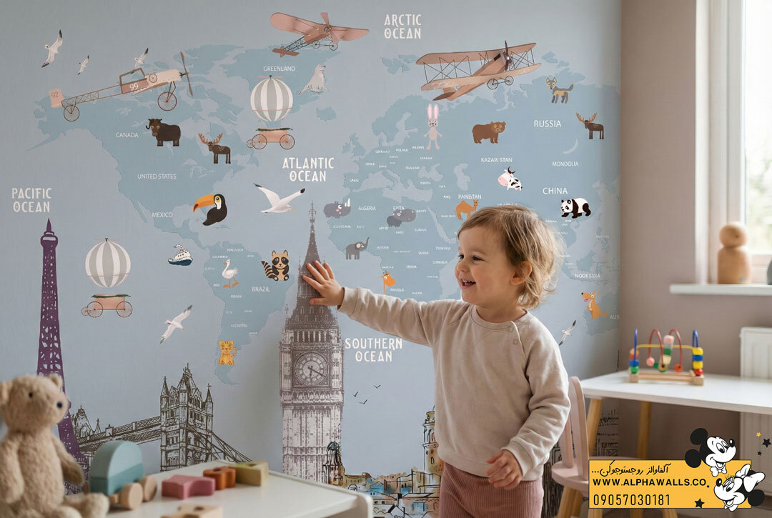 پوستر دیواری کودک طرح نقشه جهان کارتونی زمینه آبی