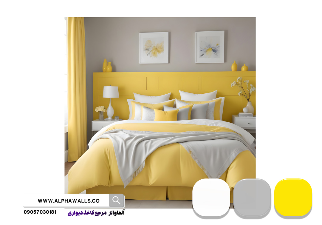 اتاق خواب زرد و طوسی و سفید