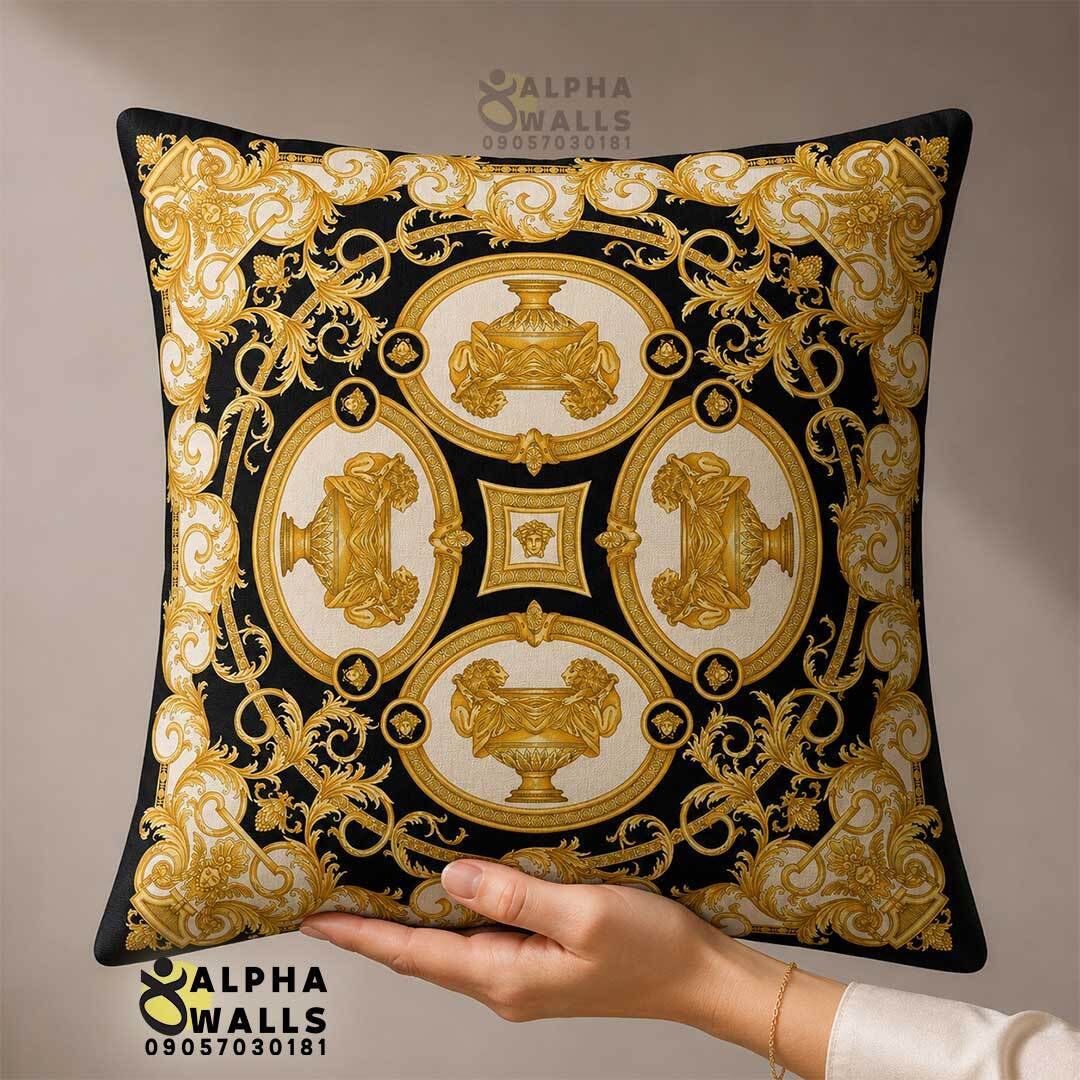 روکش کوسن مخمل طرح کلاسیک طلایی و مشکی مدل Royal Gold