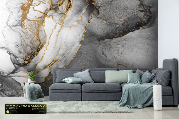 پوستر دیواری طرح سنگ مدرن طوسی دودی با رگه‌های طلایی برجسته