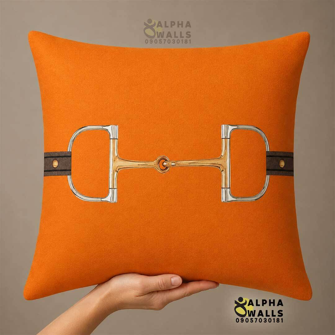  کاور کوسن مخمل نارنجی طرح دهنه اسب Golden Horse Bit | روکش کوسن مبل لوکس 