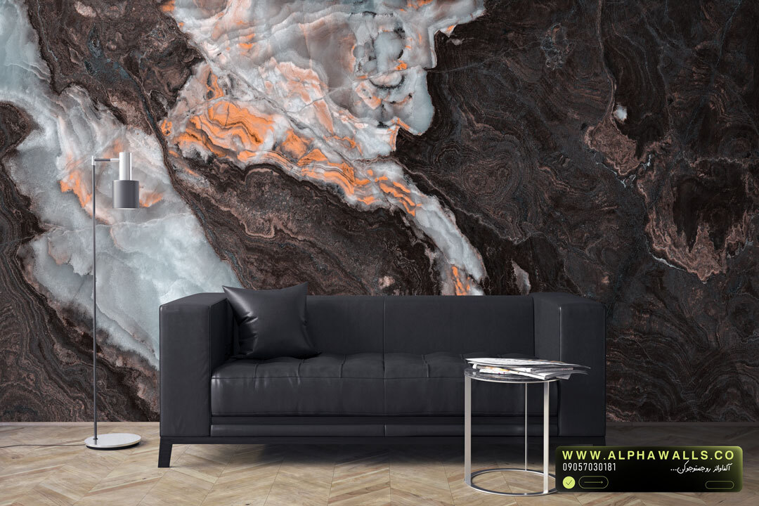  پوستر دیواری طرح سنگ اونیکس تیره با رگه‌های مسی گرم 
