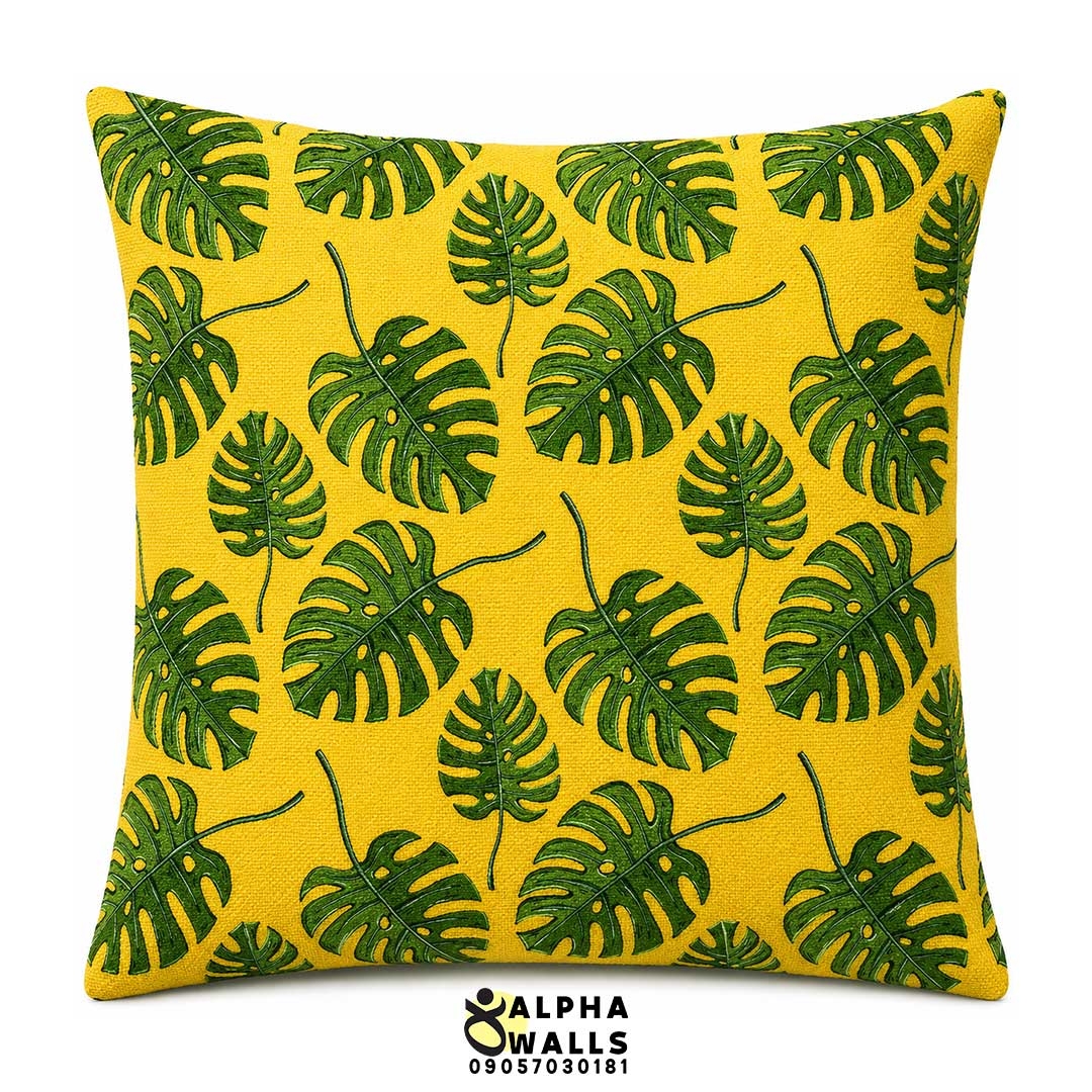  روکش کوسن مخمل طرح برگ انجیری سبز و زرد مدل Tropical Monstera 