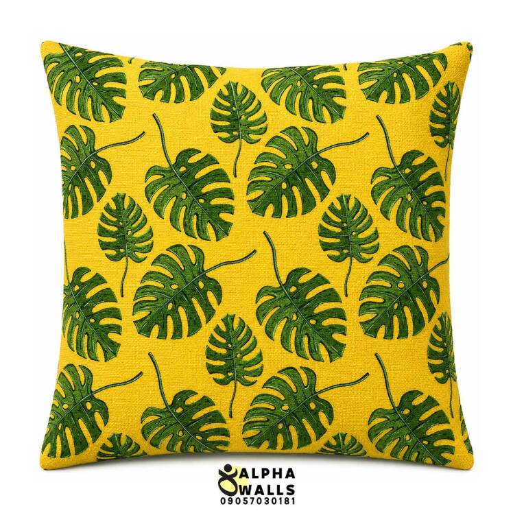 روکش کوسن مخمل طرح برگ انجیری سبز و زرد مدل Tropical Monstera