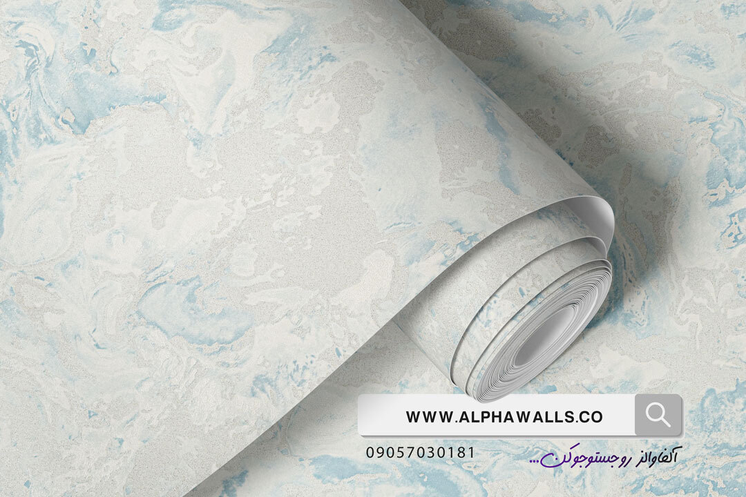  کاغذ دیواری پتینه سفید آبی شاین دار طرح 7051 