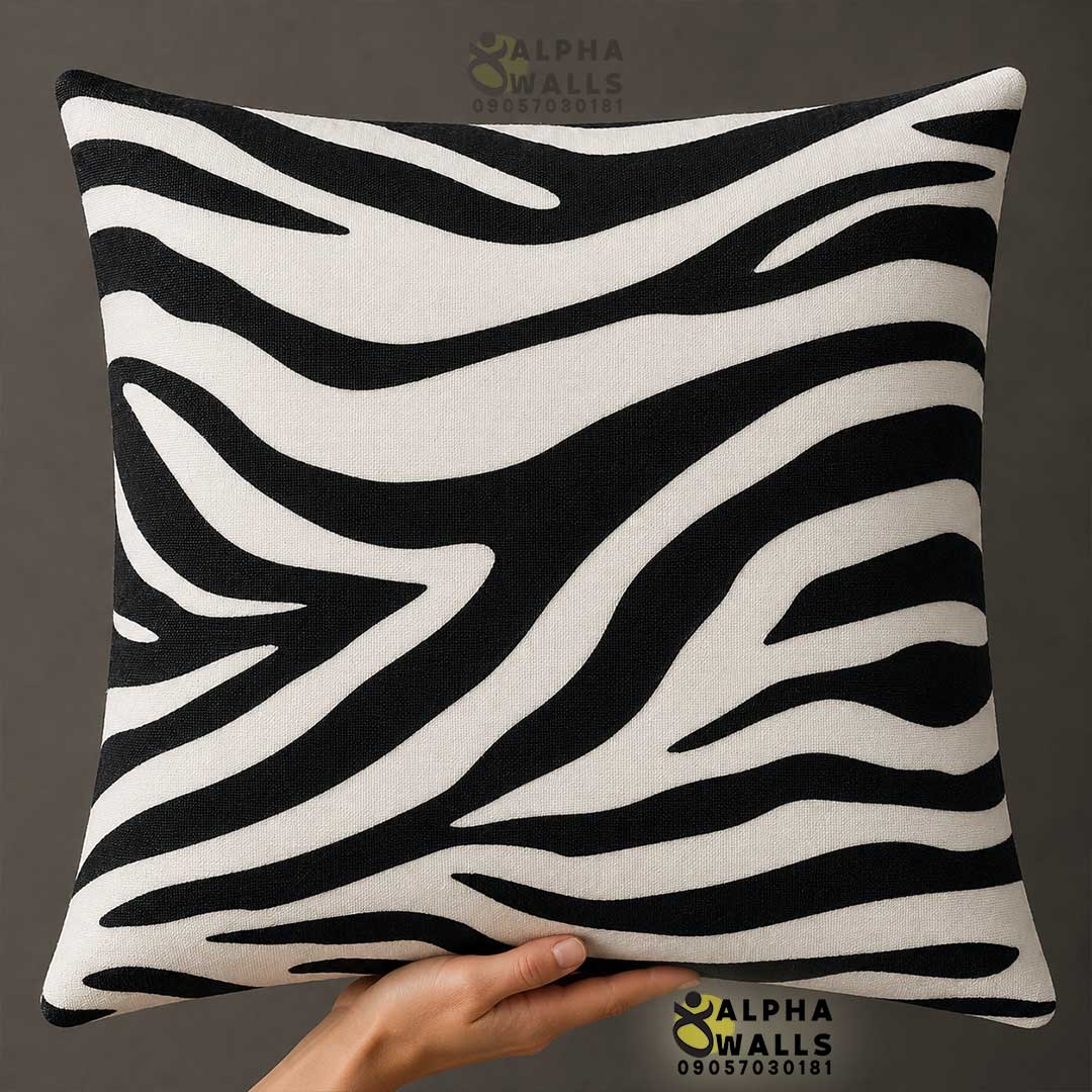 روکش کوسن مخمل طرح پوست گورخر سیاه سفید مدل Zebra Wave