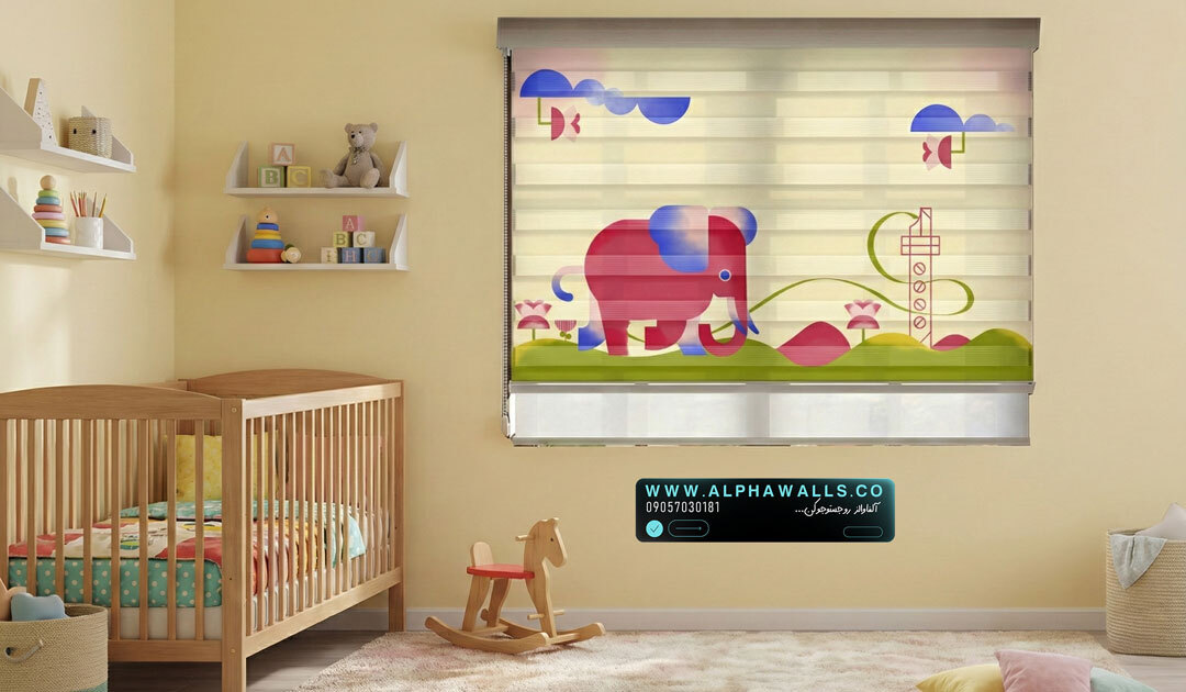  پرده زبرا اتاق کودک طرح فیل فانتزی با رنگ‌های شاد ملایم 