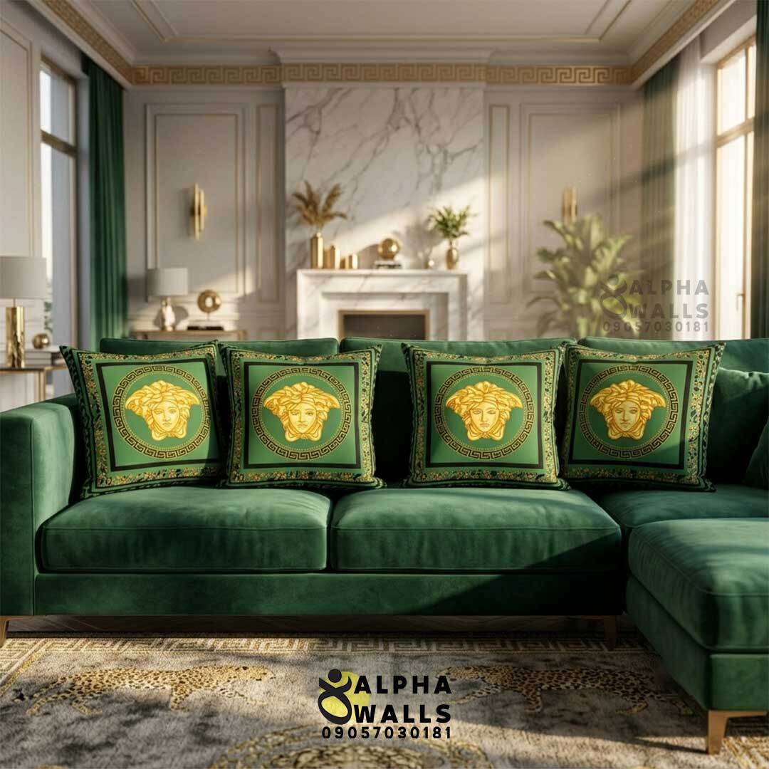 روکش کوسن مخمل طرح مدوسا طلایی و پلنگی سبز مدل Emerald Medusa