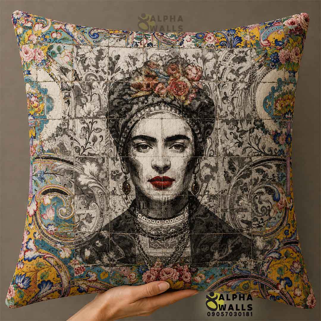 روکش کوسن مخمل طرح فریدا کالو و کاشی ایرانی رنگی مدل Frida Persian